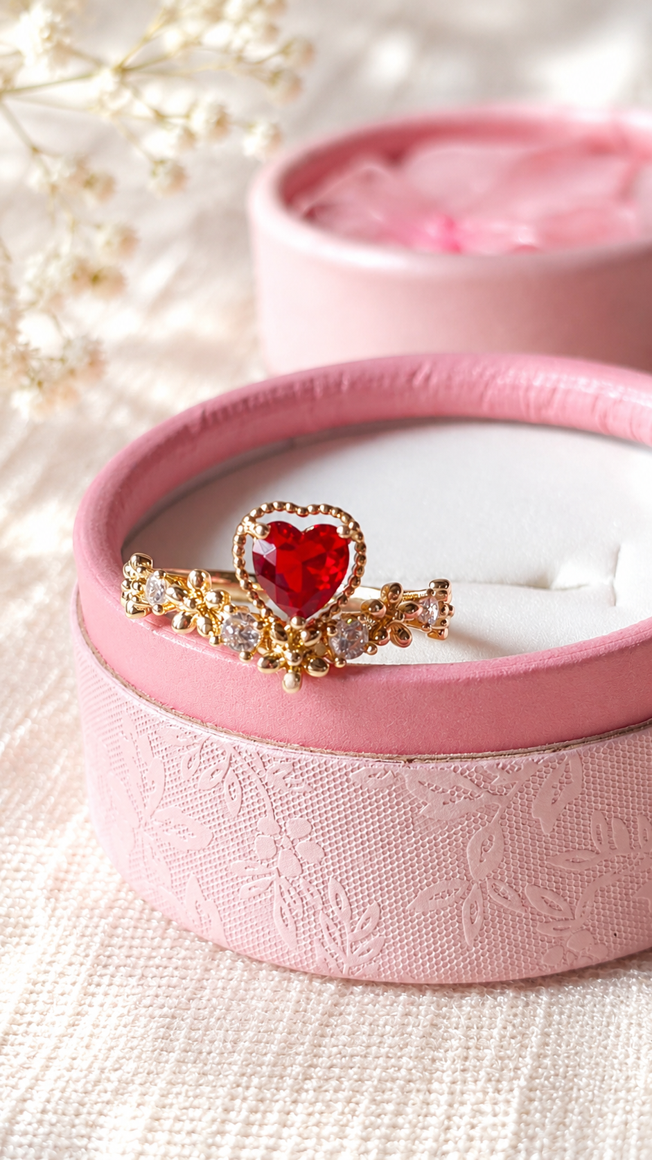 Ruby Heart Crystal Ring | Anti Tarnish Adjustable Gold Ring for Women