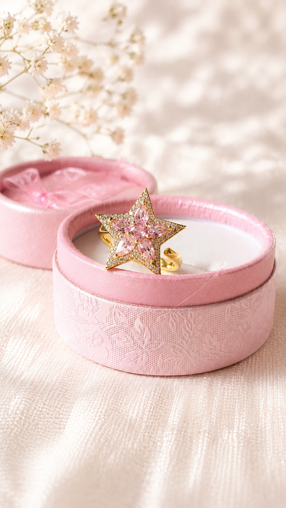 Pink Star Crystal Ring | Anti Tarnish Adjustable Gold Ring for Women