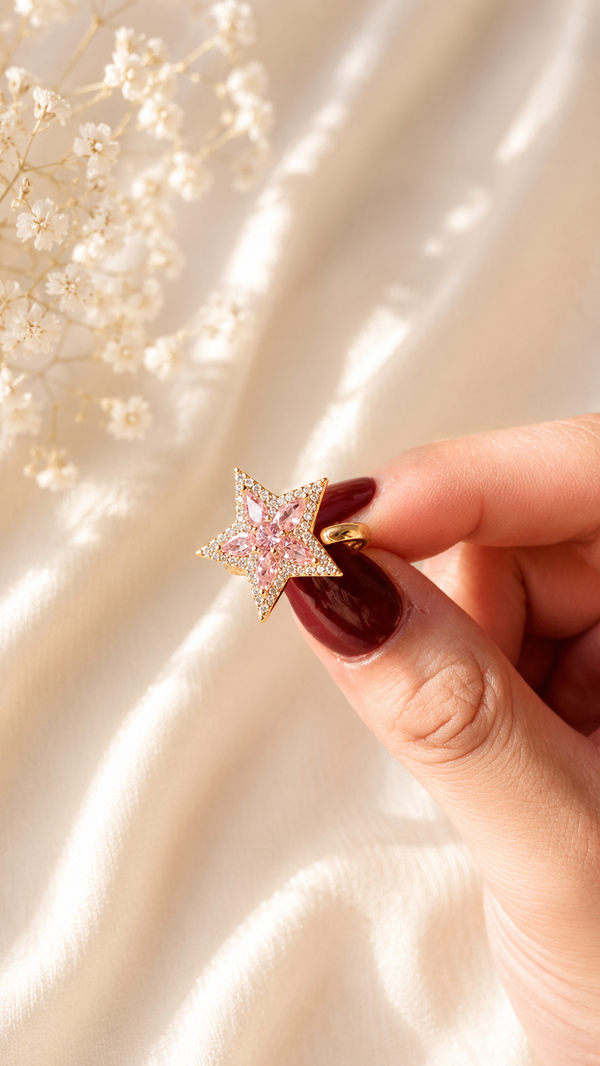 Pink Star Crystal Ring | Anti Tarnish Adjustable Gold Ring for Women
