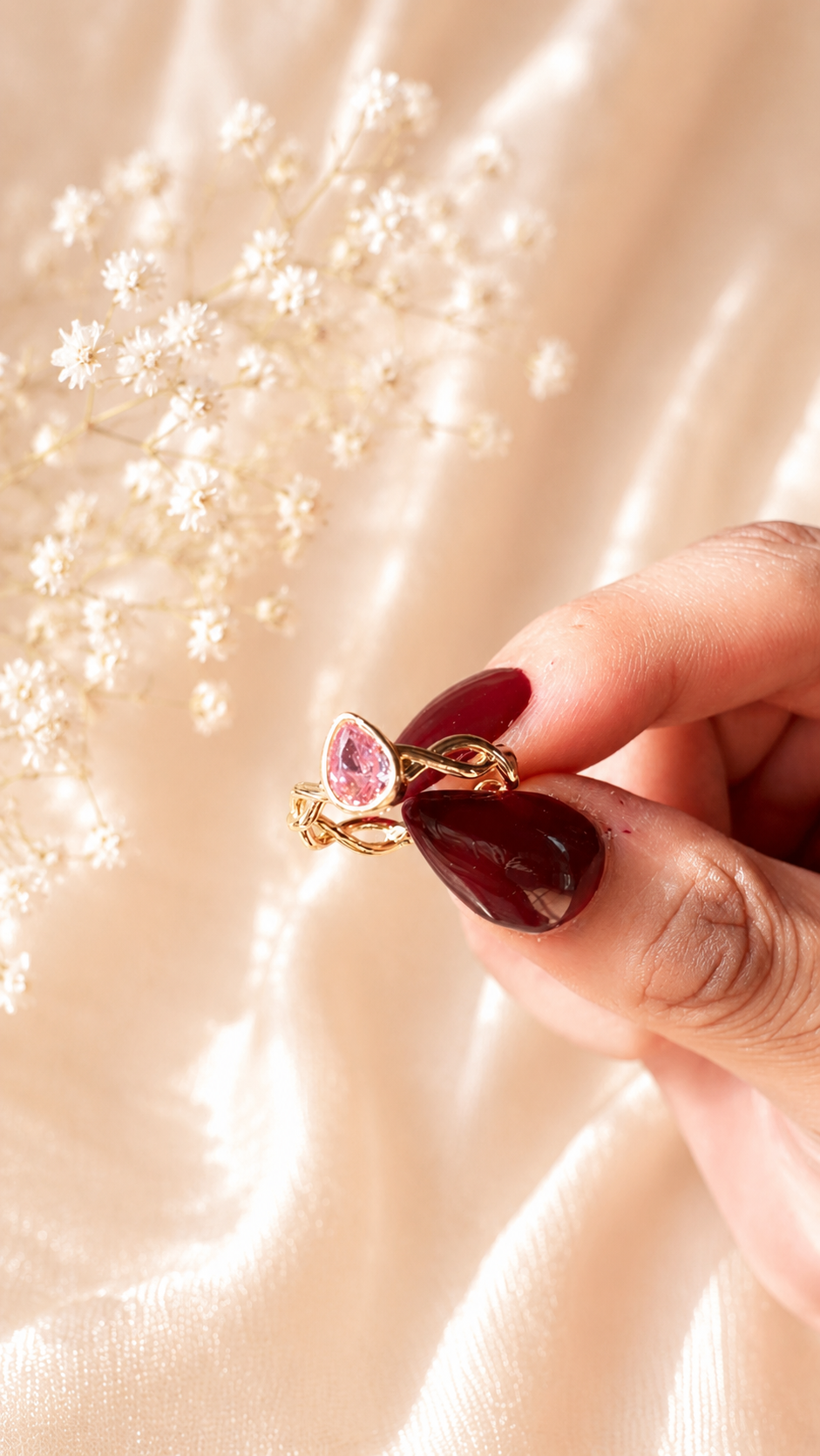 Pink Teardrop Crystal Ring | Anti Tarnish Adjustable Gold Ring for Women