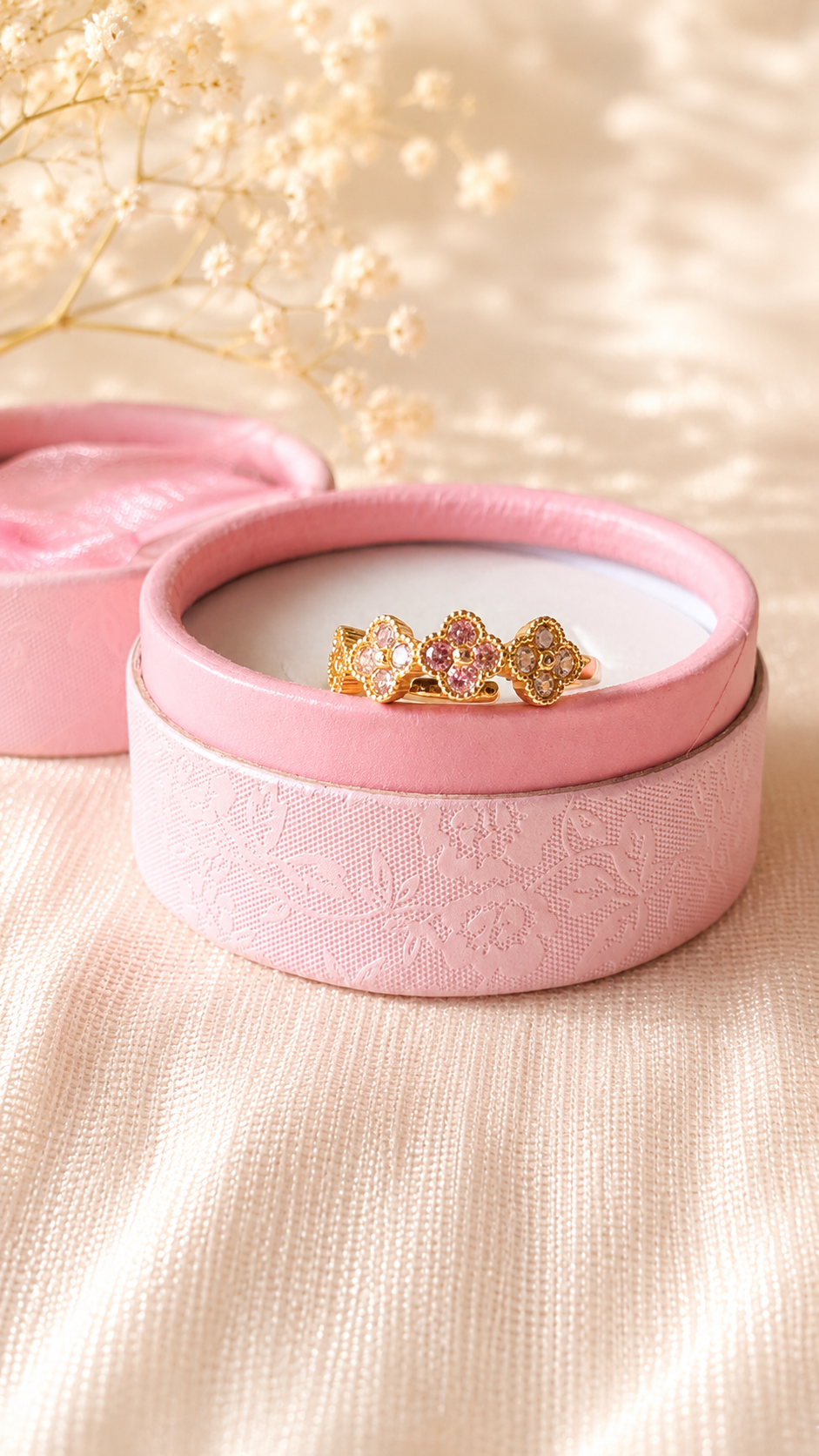 Triple Floral Crystal Ring | Anti Tarnish Adjustable Gold Ring for Women