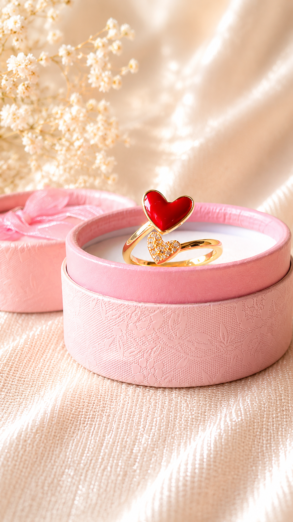 Red Double Heart Adjustable Ring | Anti Tarnish Gold Ring for Women