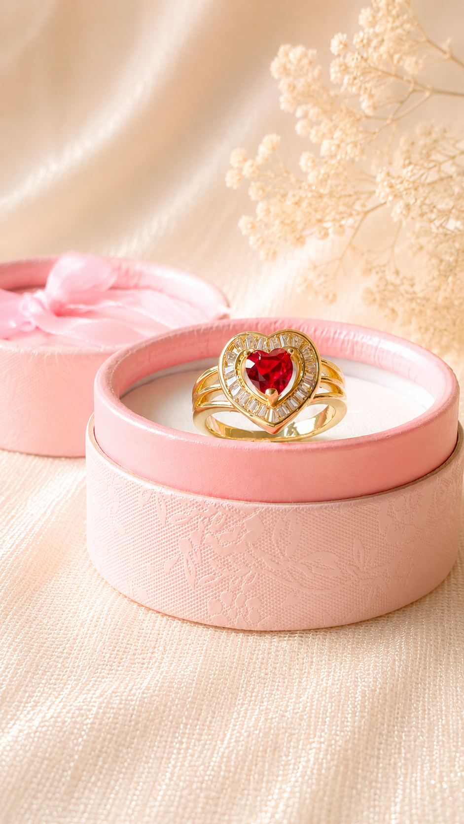 Ruby Heart Halo Ring – Anti Tarnish Gold Plated Adjustable Romantic Ring for Women