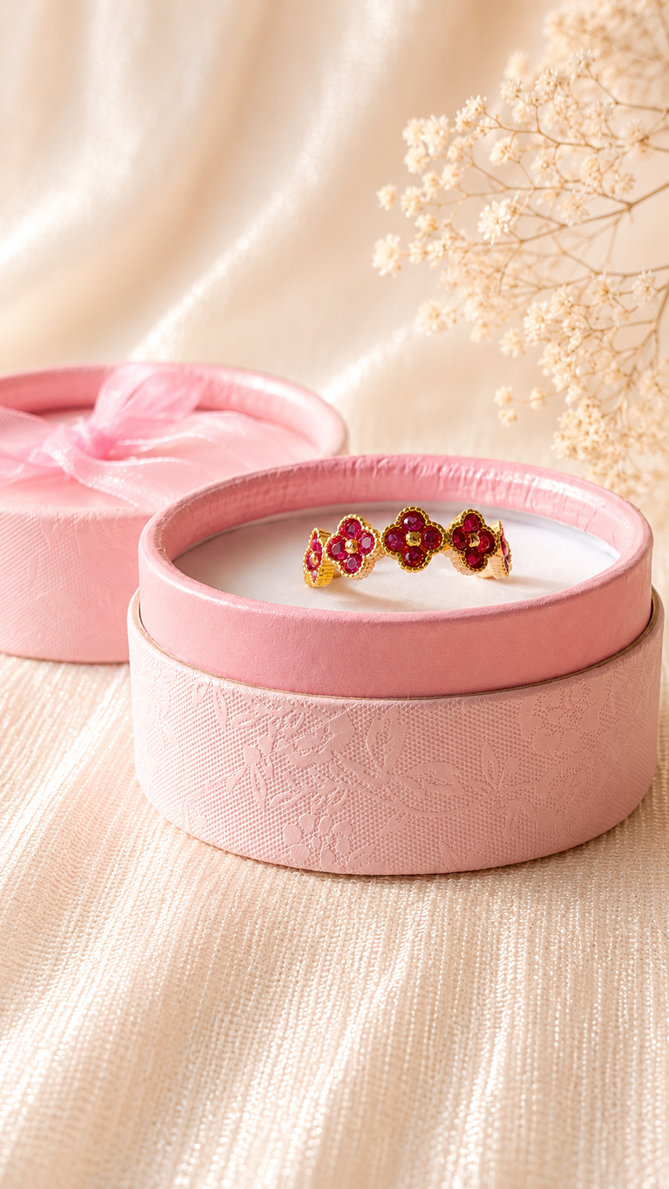 Ruby Floral Clover Ring – Anti Tarnish Gold Plated Adjustable Statement Ring for Women