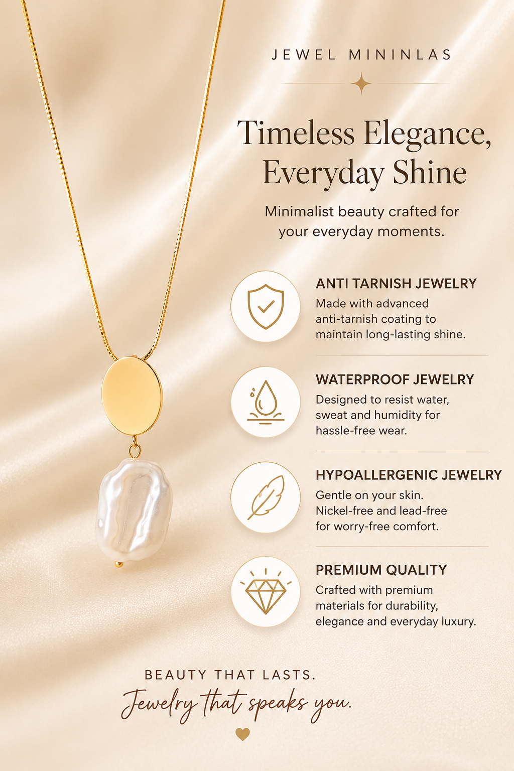 Anti-Tarnish Pearl Pendant Necklace – Minimalist Gold Chain Jewelry