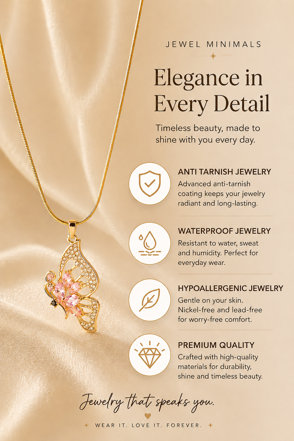 Butterfly Crystal Pendant Necklace – Anti-Tarnish Gold Necklace for Women