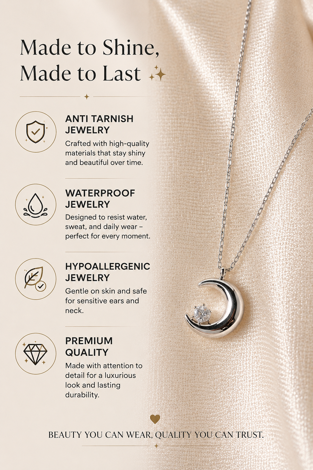 Silver Crescent Moon Necklace with Crystal | Minimalist Celestial Pendant Necklace for Women