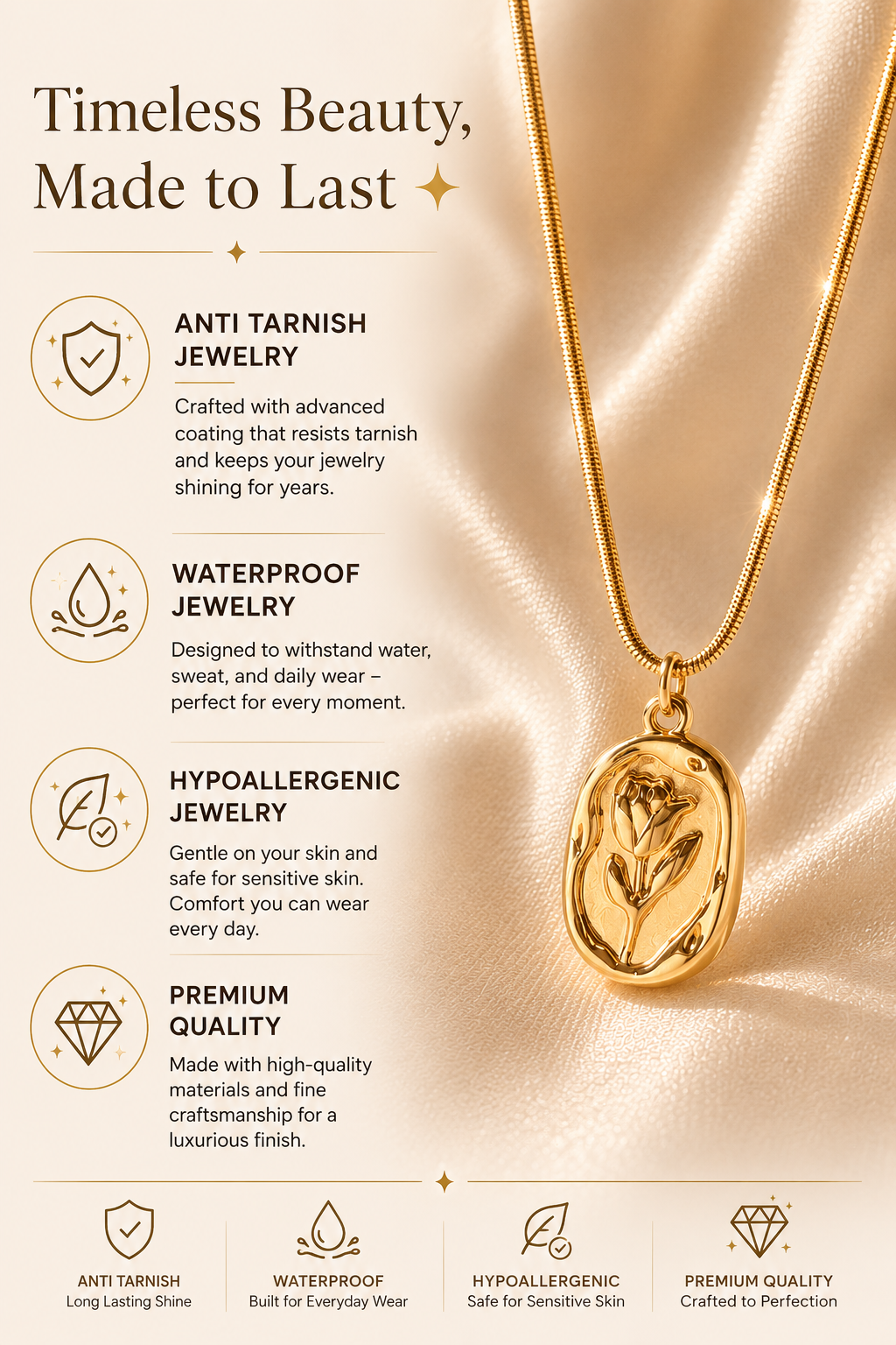Gold Floral Pendant Necklace | Vintage Flower Charm Necklace for Women | Waterproof & Tarnish Resistant Jewelry