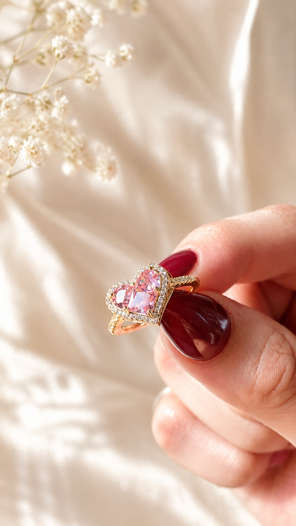 Pink Heart Crystal Ring | Anti Tarnish Waterproof Adjustable Ring for Women