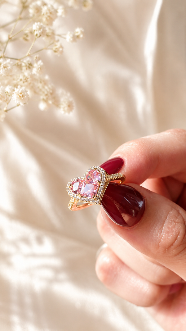 Pink Heart Crystal Ring | Anti Tarnish Waterproof Adjustable Ring for Women