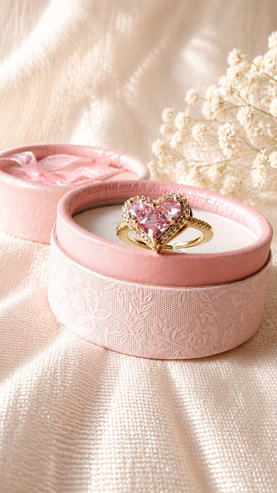 Pink Heart Crystal Ring | Anti Tarnish Waterproof Adjustable Ring for Women