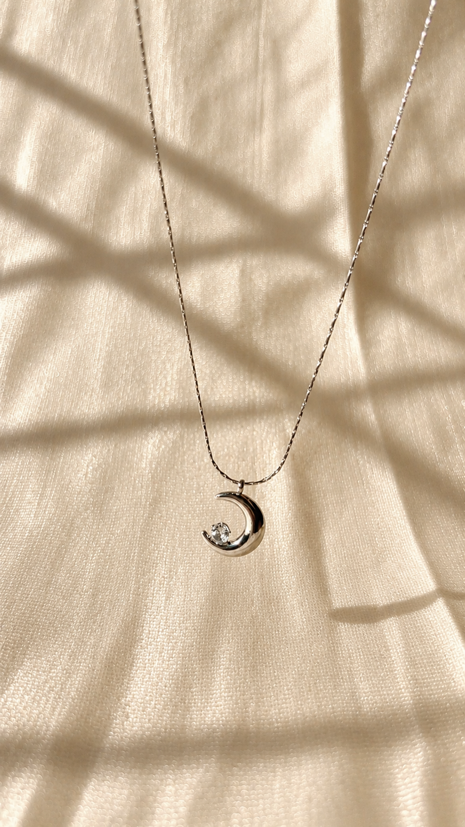 Silver Crescent Moon Necklace with Crystal | Minimalist Celestial Pendant Necklace for Women
