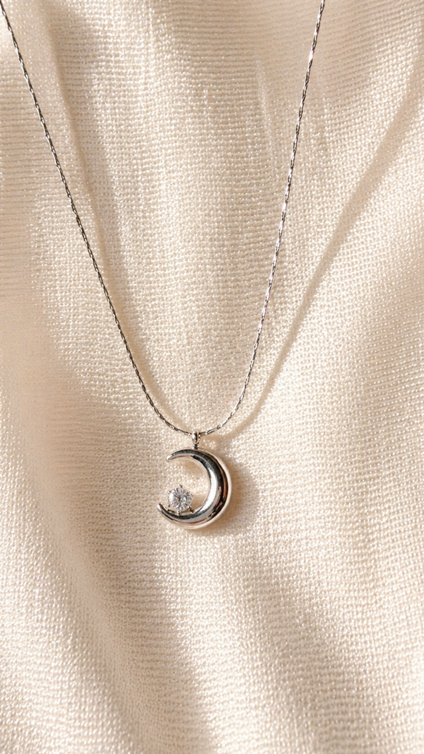 Silver Crescent Moon Necklace with Crystal | Minimalist Celestial Pendant Necklace for Women