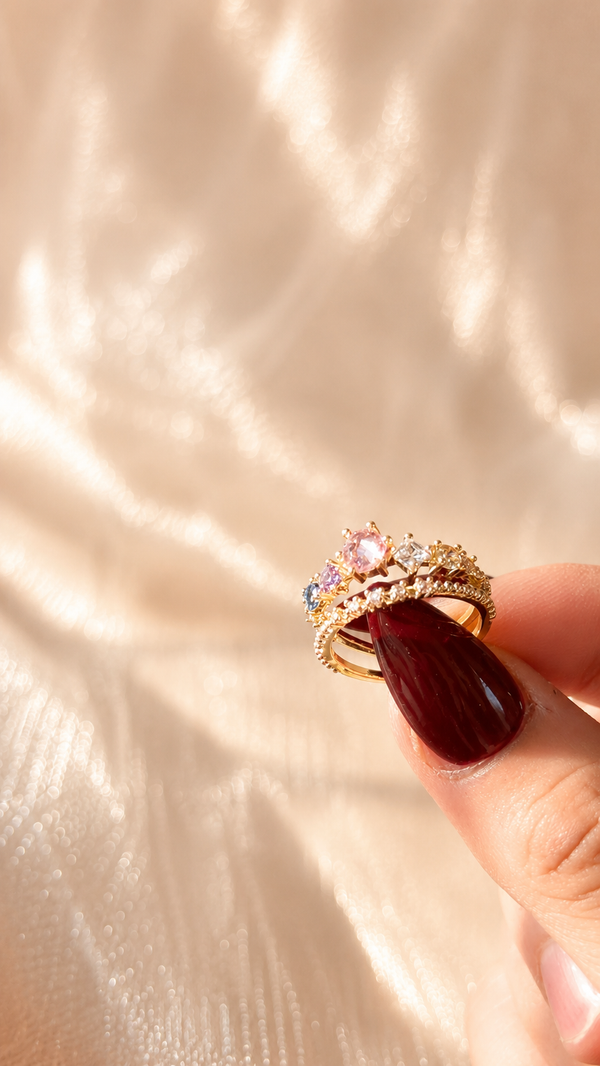 Pastel Gemstone Crown Ring for Women | Anti Tarnish Gold Plated Adjustable Ring | Waterproof Luxury Minimalist Jewelry