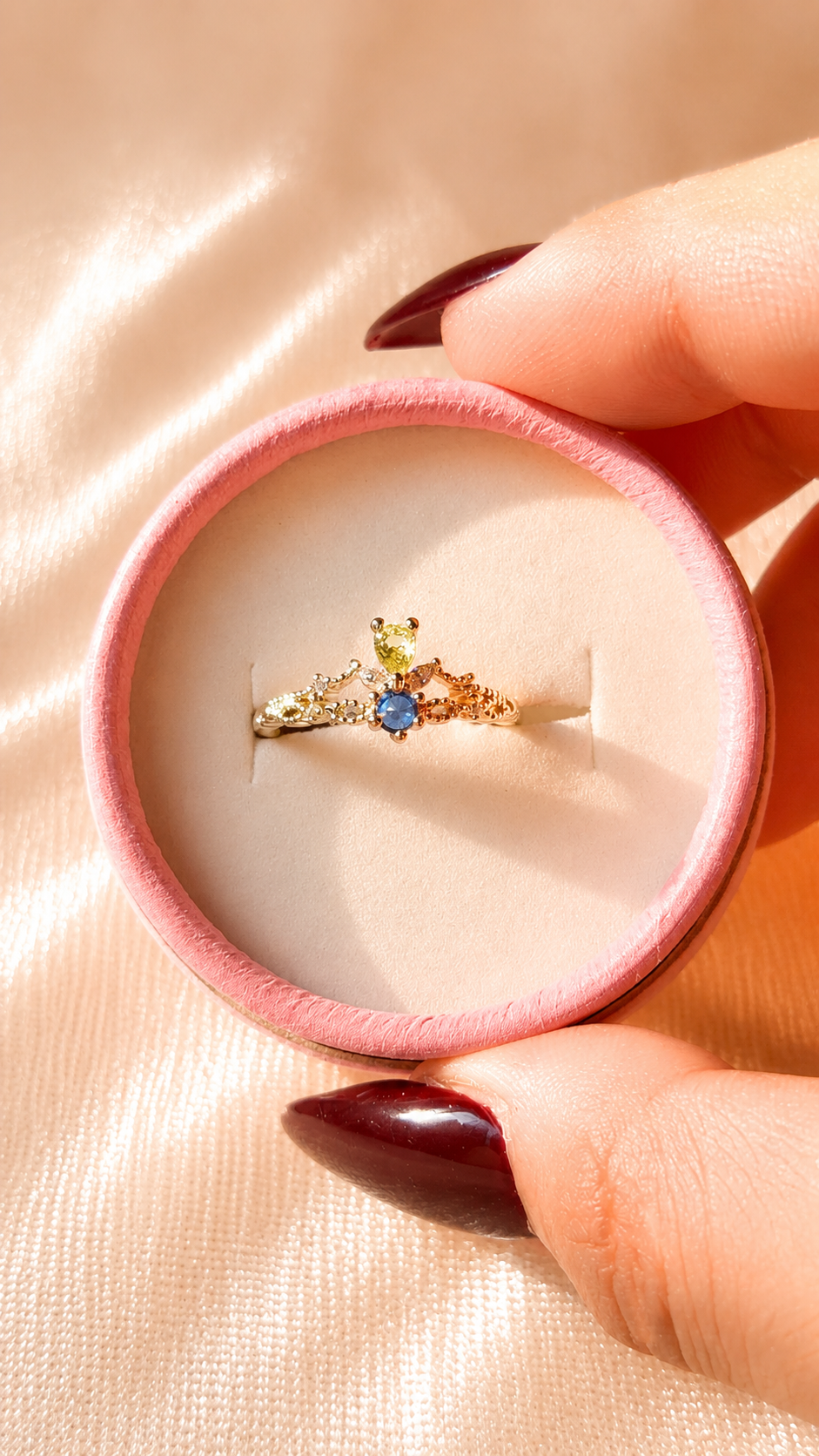 Gold Blue Stone Adjustable Ring | Anti Tarnish Minimal Floral Ring | Waterproof Korean Style Open Ring for Women