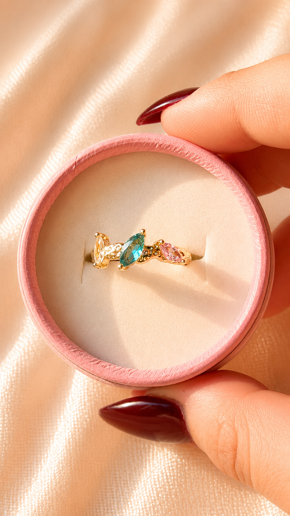 Pastel Gemstone Adjustable Ring | Gold Anti Tarnish Minimal Crystal Ring | Waterproof Dainty Open Ring for Women