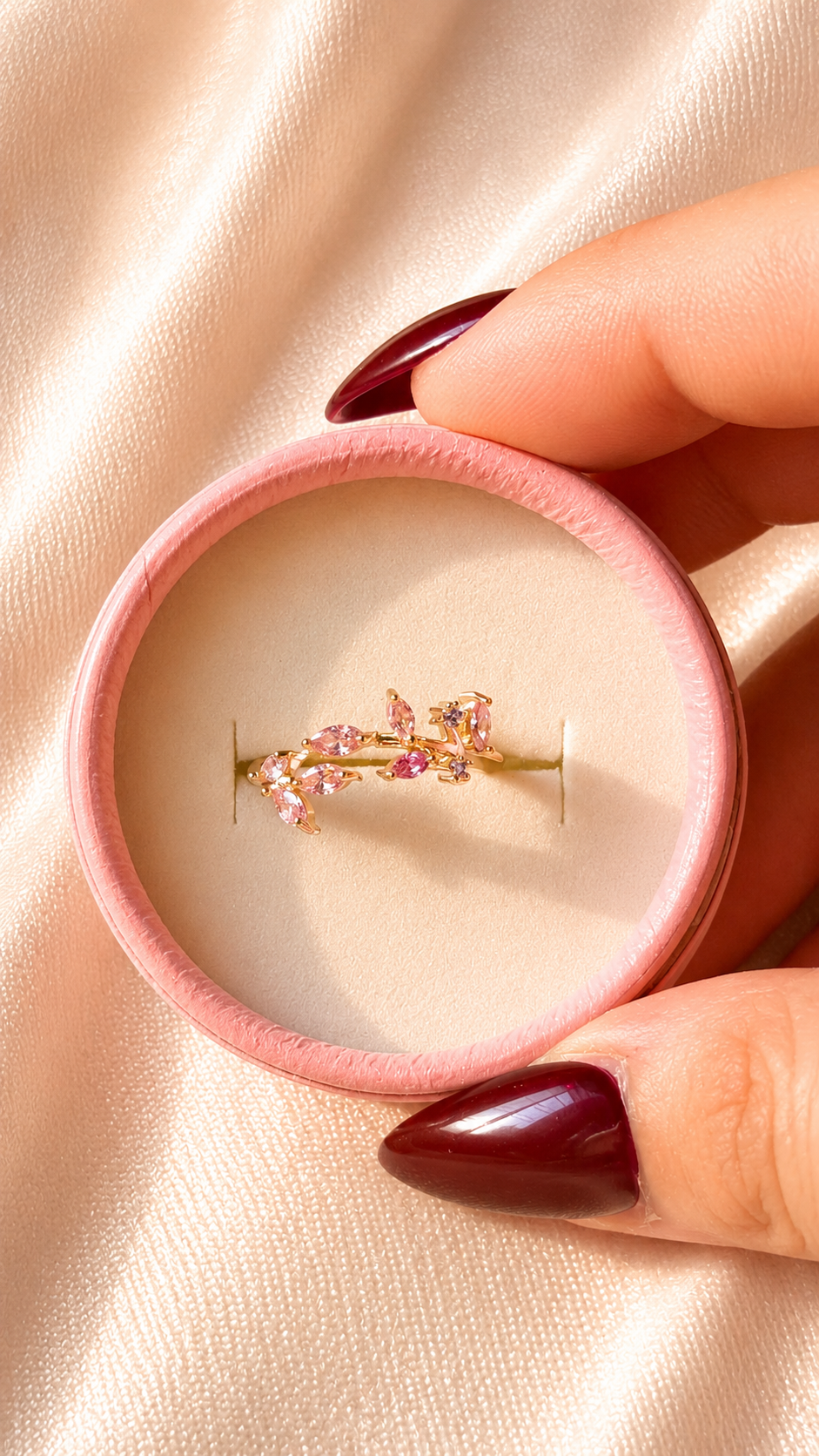 Floral Vine Pink Zircon Adjustable Gold Ring for Women | Anti-Tarnish Minimalist Statement Ring