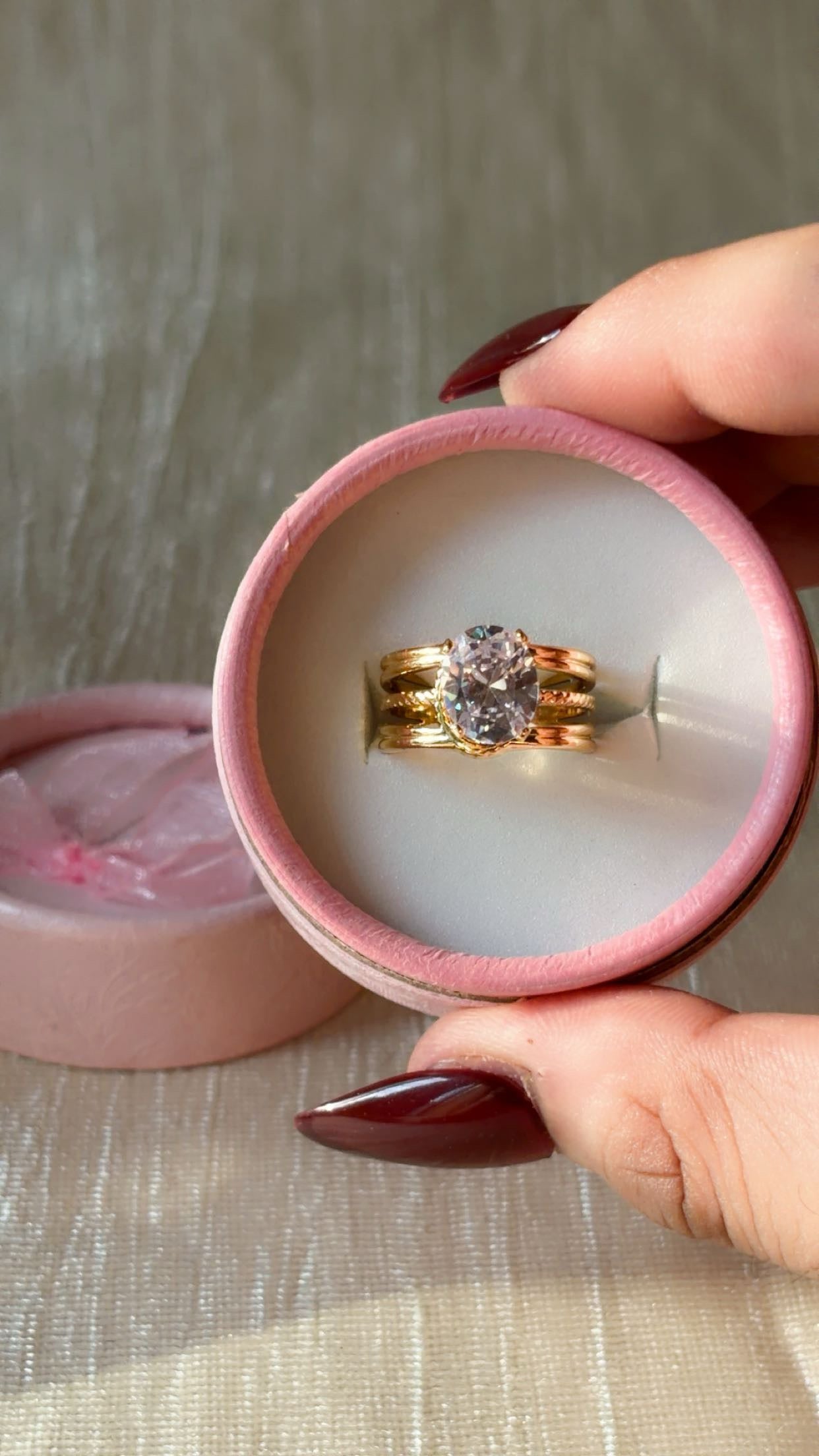 Vintage Gold Solitaire Ring with Oval Crystal | Anti-Tarnish Waterproof Adjustable Ring