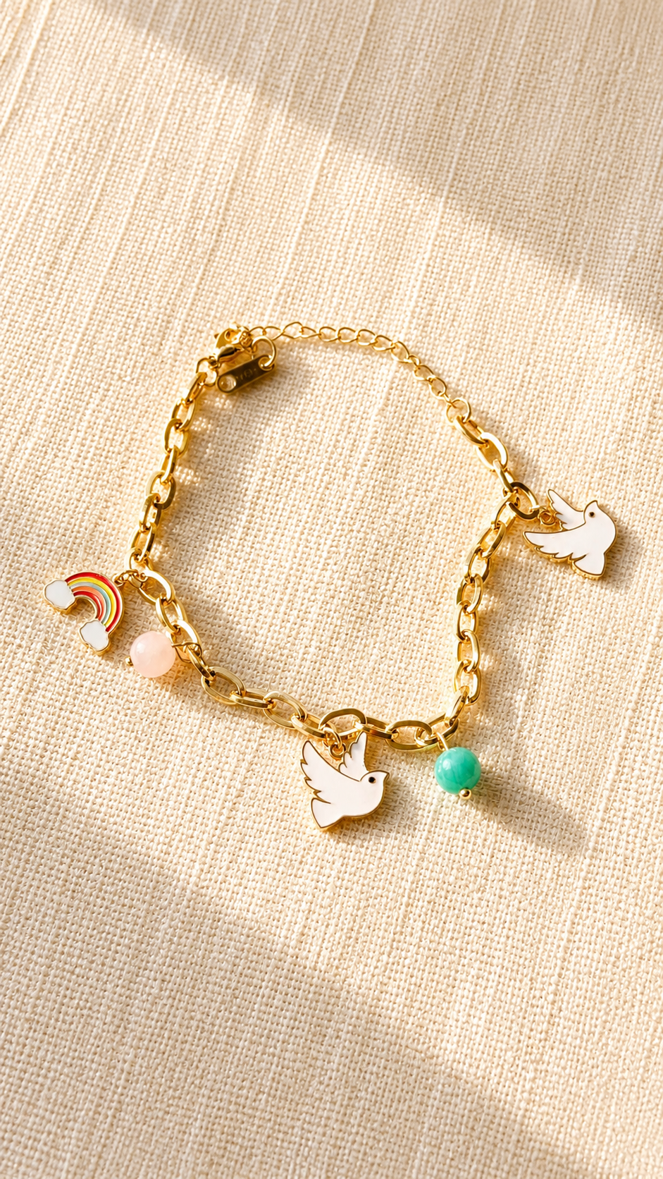 Peace Dove Charm Bracelet for Women | Anti Tarnish Adjustable Gold Bracelet | Rainbow Minimalist Beaded Jewelry