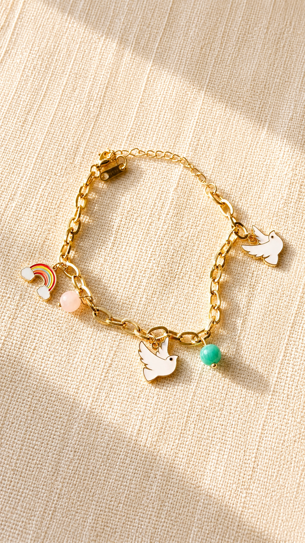 Peace Dove Charm Bracelet for Women | Anti Tarnish Adjustable Gold Bracelet | Rainbow Minimalist Beaded Jewelry