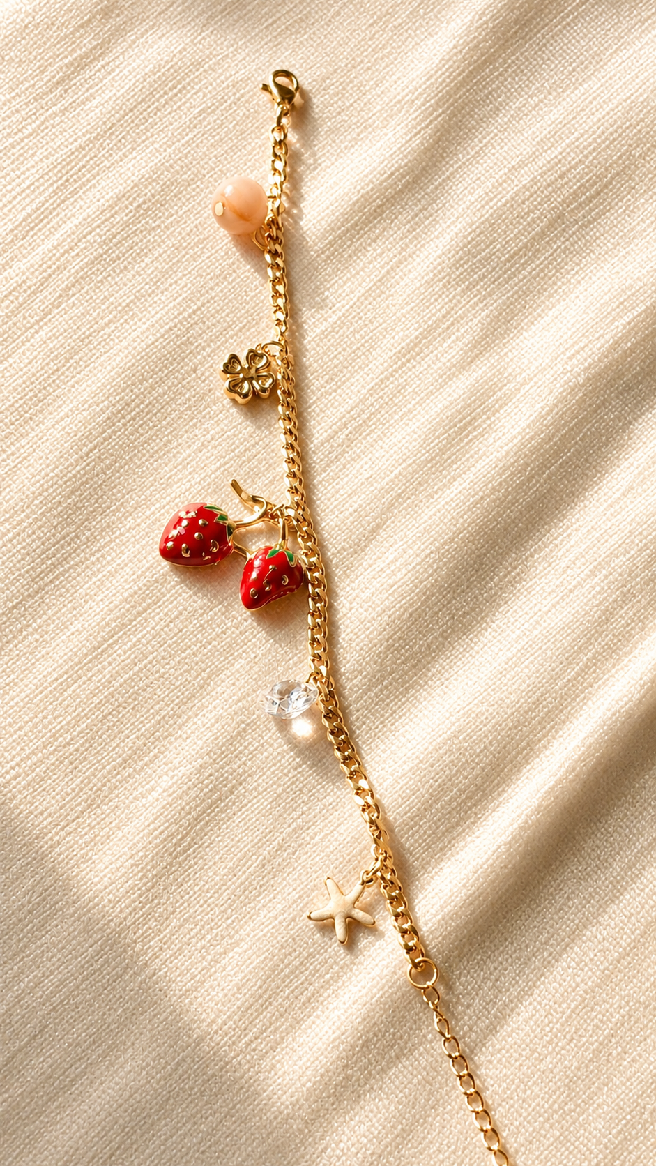 Strawberry Charm Gold Bracelet for Women | Anti Tarnish Adjustable Bracelet | Cute Fruit Charm Waterproof Jewelry