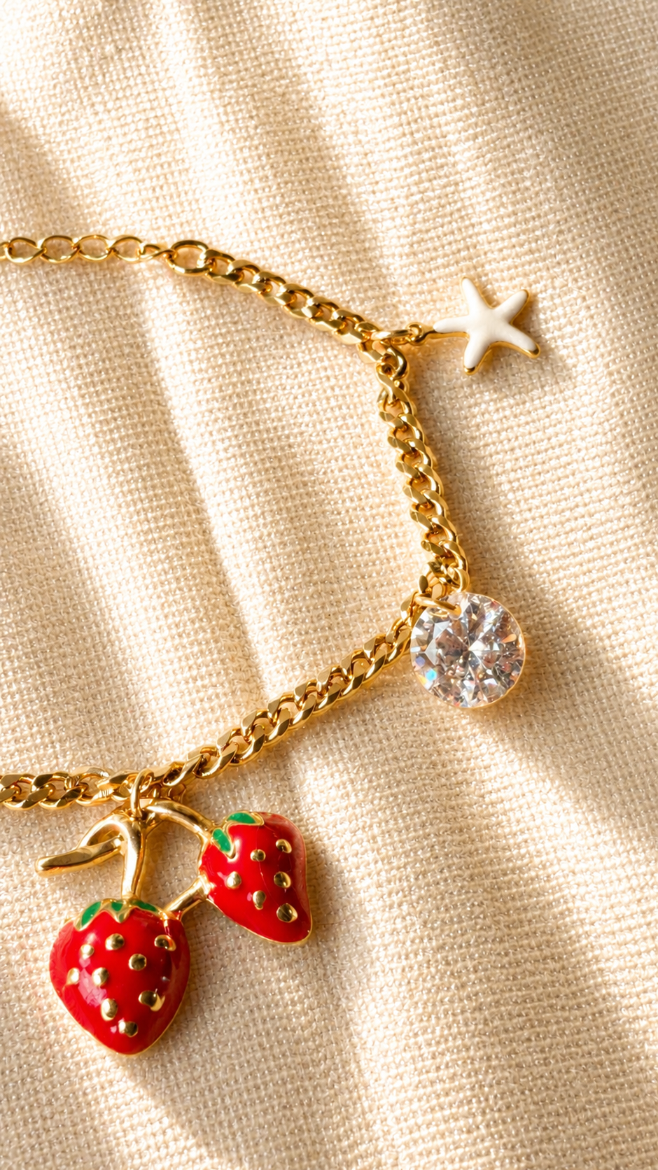Strawberry Charm Gold Bracelet for Women | Anti Tarnish Adjustable Bracelet | Cute Fruit Charm Waterproof Jewelry