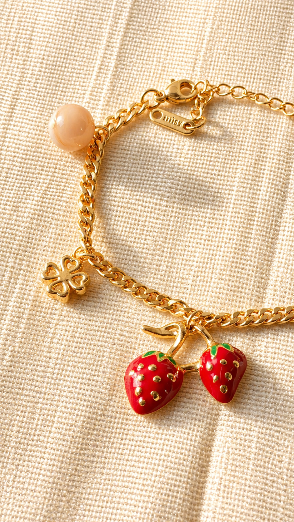 Strawberry Charm Gold Bracelet for Women | Anti Tarnish Adjustable Bracelet | Cute Fruit Charm Waterproof Jewelry