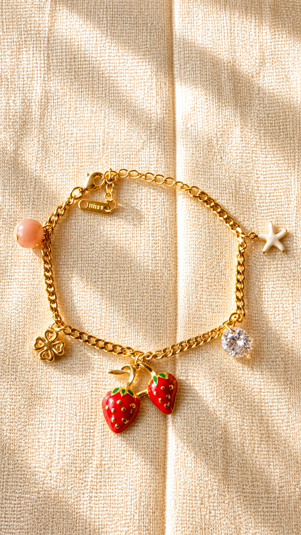 Strawberry Charm Gold Bracelet for Women | Anti Tarnish Adjustable Bracelet | Cute Fruit Charm Waterproof Jewelry