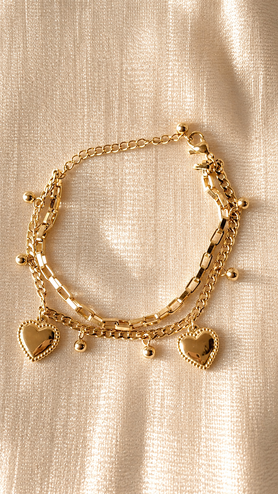 Gold Heart Charm Bracelet for Women – Anti Tarnish Double Layer Minimalist Bracelet