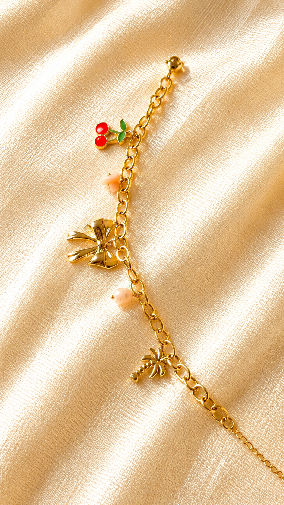 Gold Charm Bracelet for Women – Anti Tarnish Bow, Cherry & Pearl Minimalist Bracelet