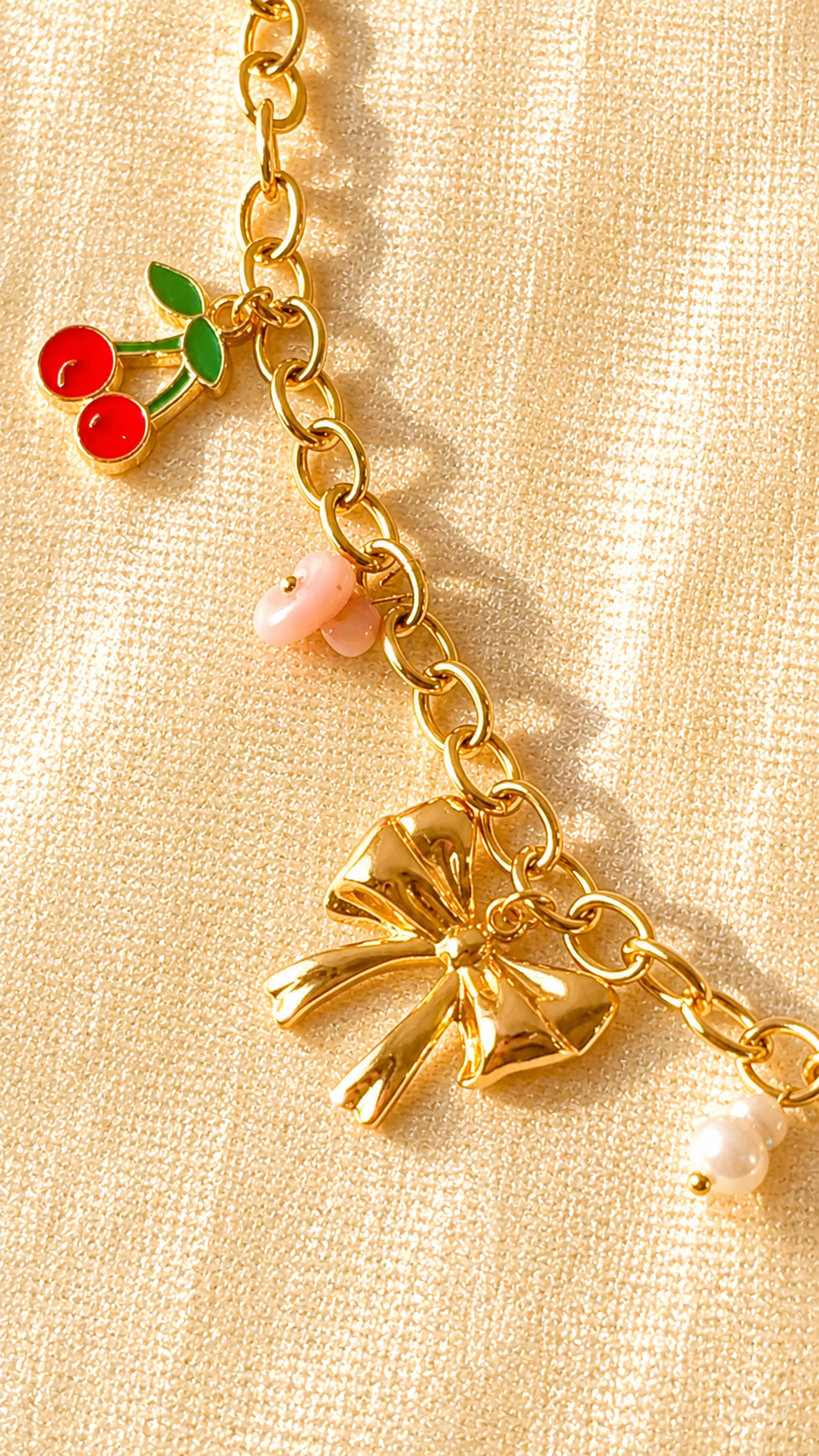 Gold Charm Bracelet for Women – Anti Tarnish Bow, Cherry & Pearl Minimalist Bracelet
