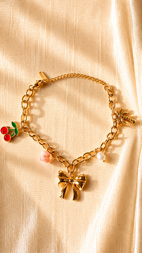 Gold Charm Bracelet for Women – Anti Tarnish Bow, Cherry & Pearl Minimalist Bracelet