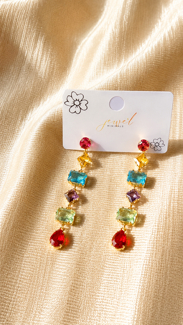 Rainbow Crystal Drop Earrings for Women | Colorful Luxury Statement Earrings
