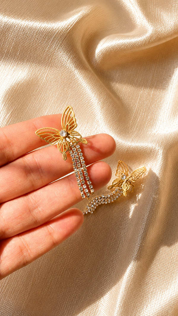 Butterfly Tassel Earrings for Women | Anti-Tarnish Gold Rhinestone Drop Earrings