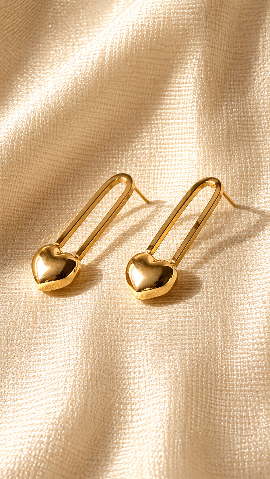 Minimalist Gold Heart Safety Pin Earrings for Women | Anti-Tarnish Cute Statement Studs