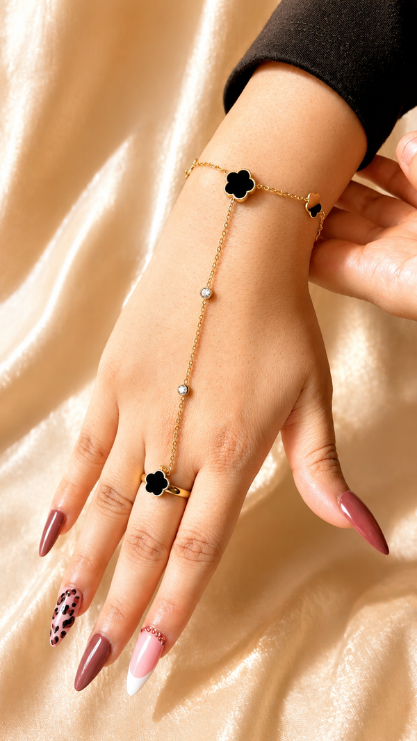 Black Clover Hand Chain Bracelet for Women | Anti-Tarnish Gold Hand Harness Ring Bracelet