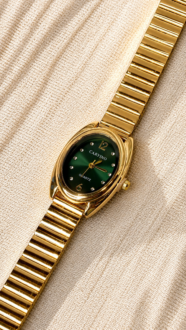 Luxury Gold Women's Watch with Green Dial | Elegant Quartz Bracelet Watch | Caryino Premium Wrist Watch