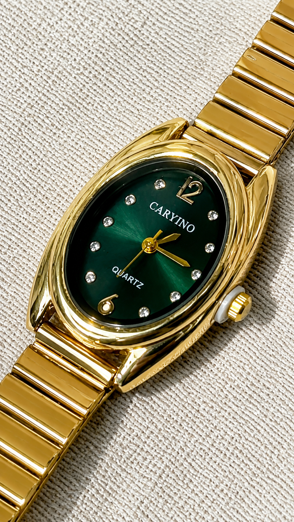 Luxury Gold Women's Watch with Green Dial | Elegant Quartz Bracelet Watch | Caryino Premium Wrist Watch