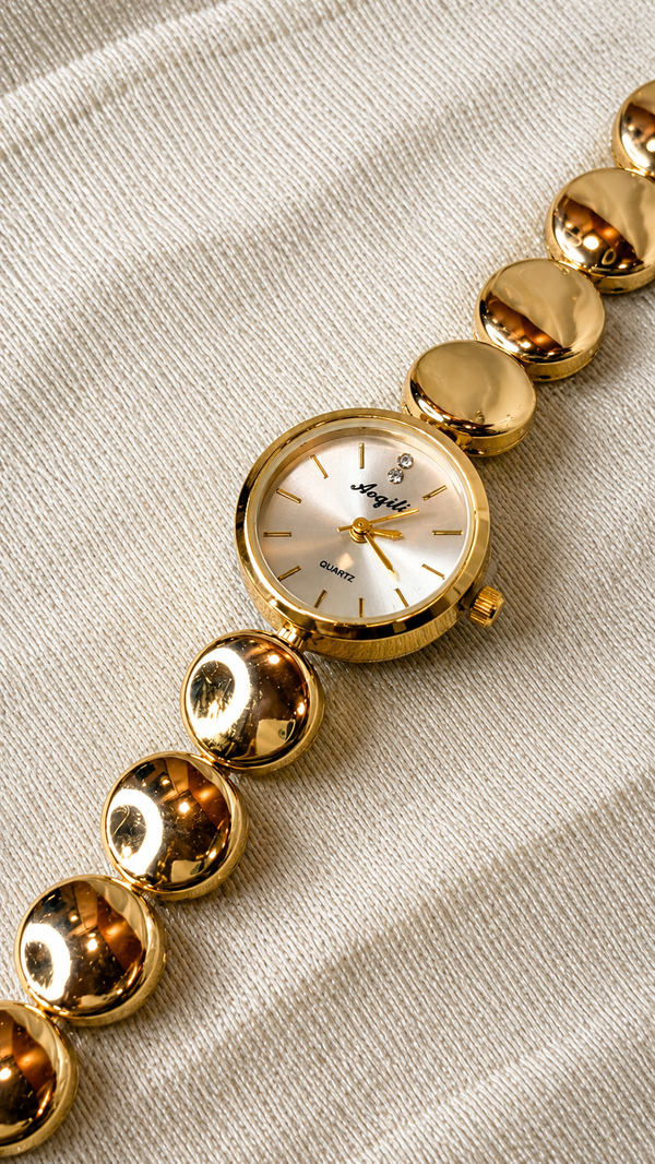 Luxury Gold Round Dial Bracelet Quartz Watch for Women – Elegant Stainless Steel Wrist Watch