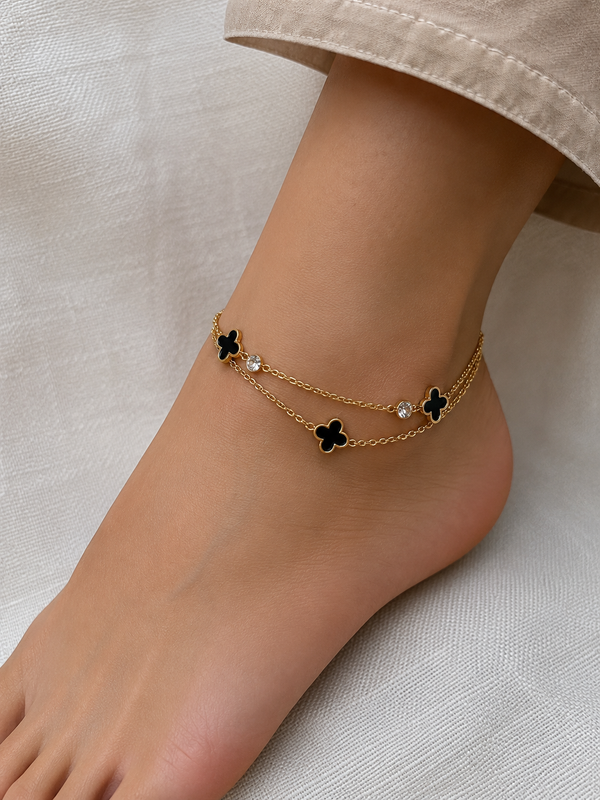 Black Clover Double Layer Anklet for Women | Anti Tarnish Waterproof Gold Anklet | Jewel Minimals