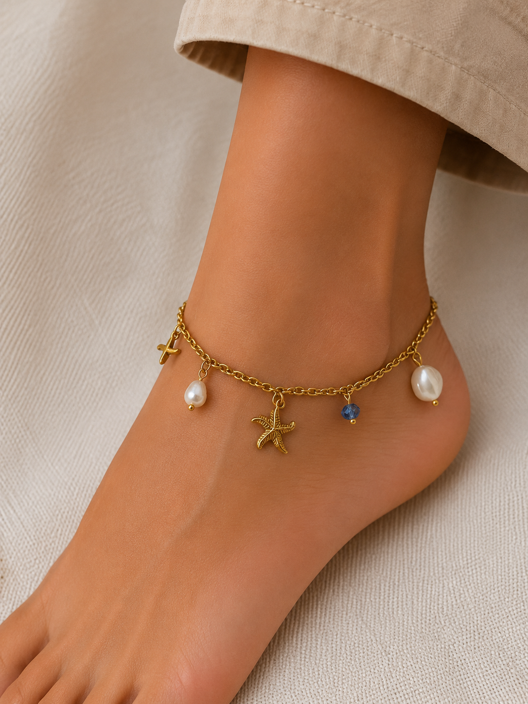 Starfish Pearl Double Layer Anklet for Women | Anti Tarnish Waterproof Gold Anklet | Jewel Minimals